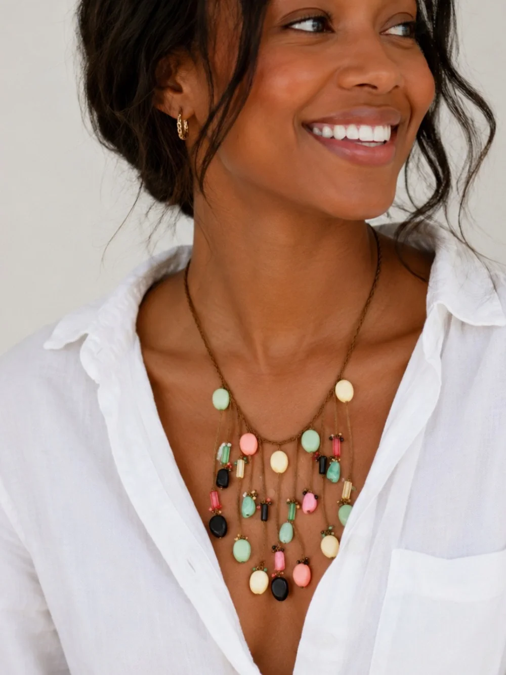 New! Boho Colorful Gold Mixed Stone Bib Boho Necklace (1076) - Picture 1 of 4